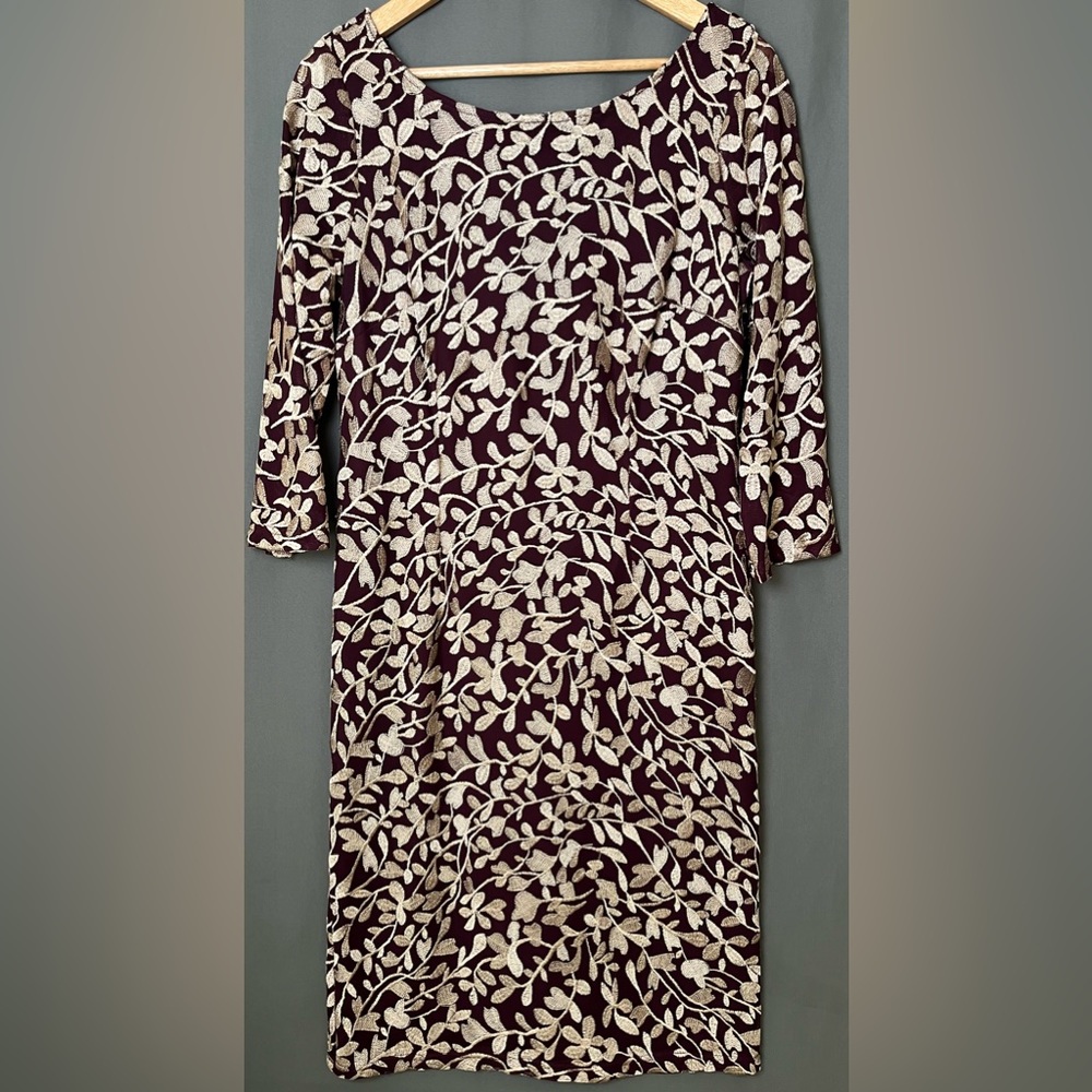 JS Collections 12 Burgundy Tan Floral Embroidered Dress